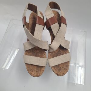 Lucky Brand Marla Size 10 B Cork Wedge Sandals Beige Tan Shoes Elastic Back 4'
